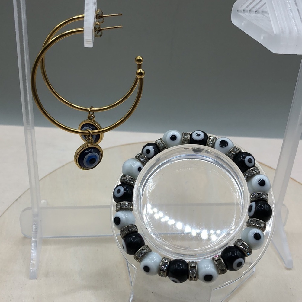 𝅺Curated bundle Evil Eye Jewelry Set Hoop Earrings and Bracelet Boho Statement